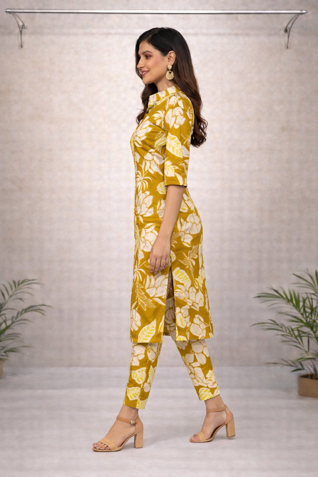Mustard Yellow Floral Printed Kurti Set – Shirt Collar with Matching Printed Pants