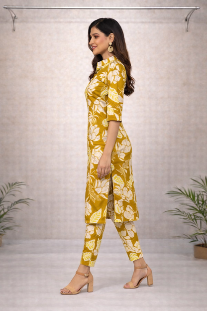 Mustard Yellow Floral Printed Kurti Set – Shirt Collar with Matching Printed Pants