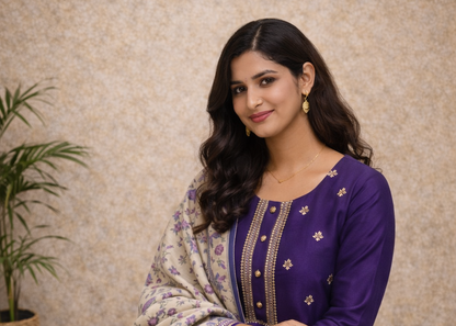 Royal Purple Embroidered Kurti Set – Golden Thread Work with Printed Beige Dupatta