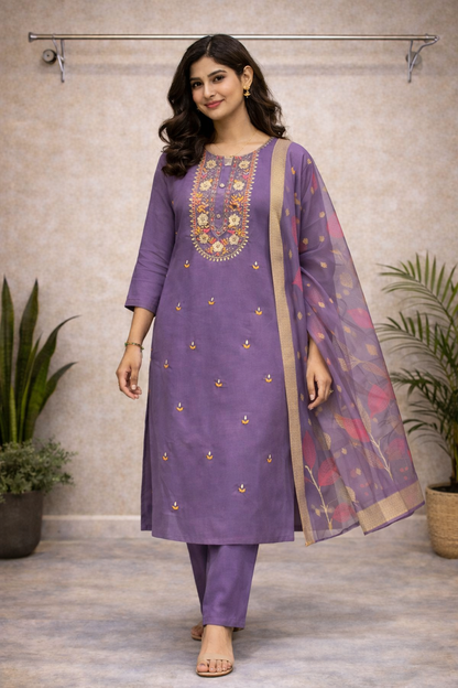 Royal Lavender Embroidered Kurti Set – Multicolour Thread Work with Organza Dupatta