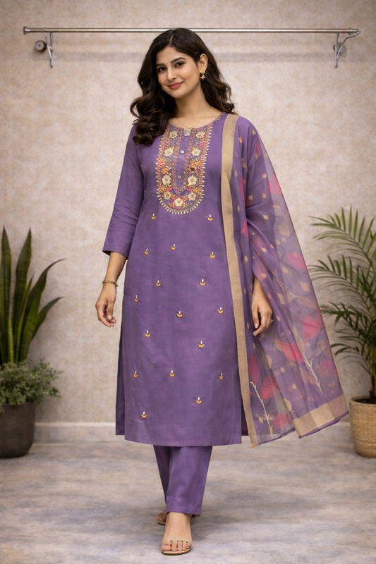Royal Lavender Embroidered Kurti Set with Organza Dupatta