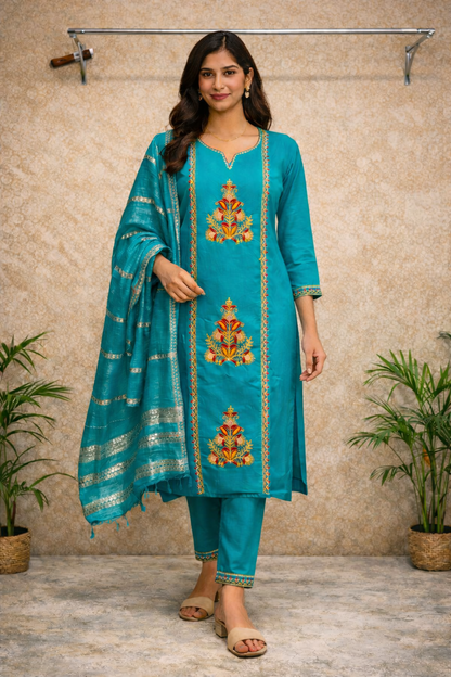 Teal Blue Embroidered Kurti Set with Dupatta