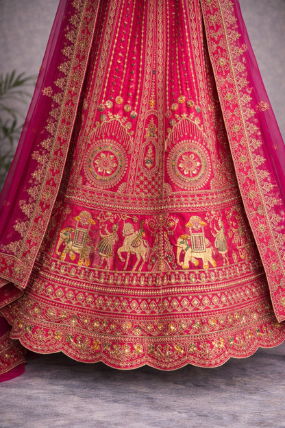 Rani Pink Bridal Lehenga – Heritage Elephant Motifs, Dual Dupatta & Maggam Blouse