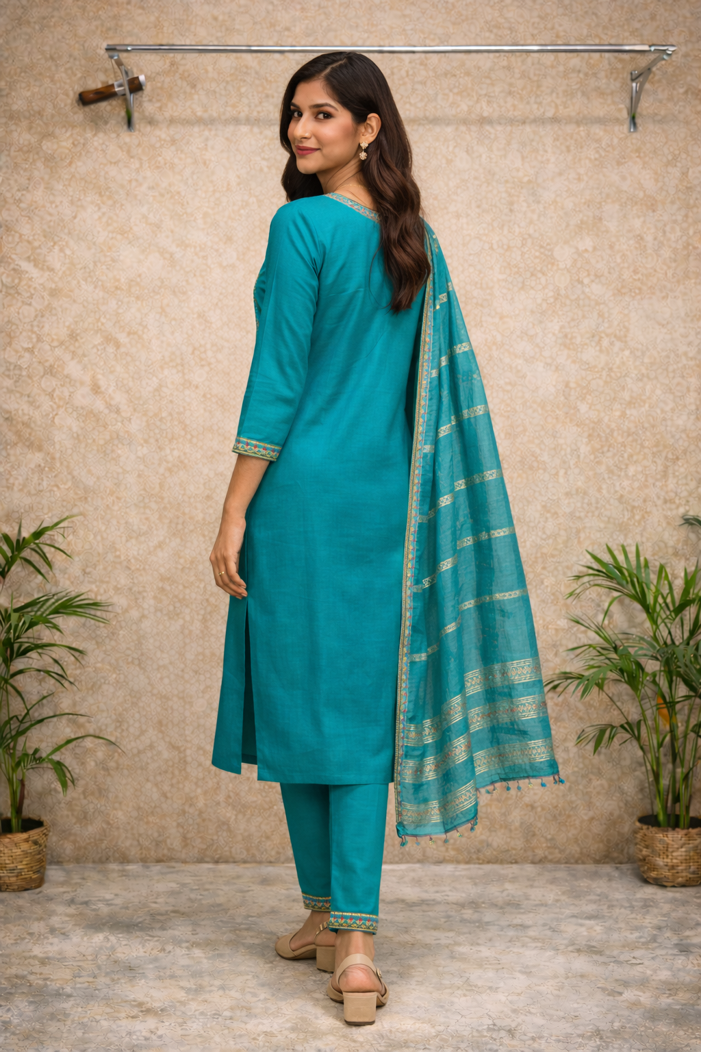 Teal Blue Embroidered Kurti Set with Dupatta