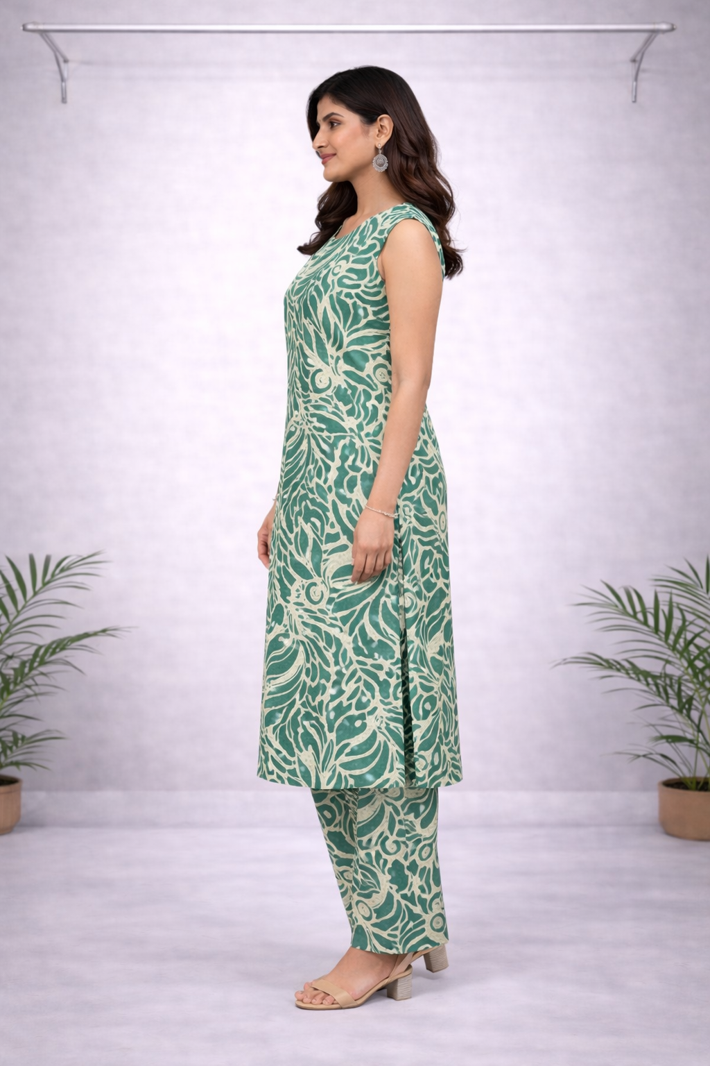 Sage Green Abstract Leaf Printed Co-ord Set – Top & Pants for Women