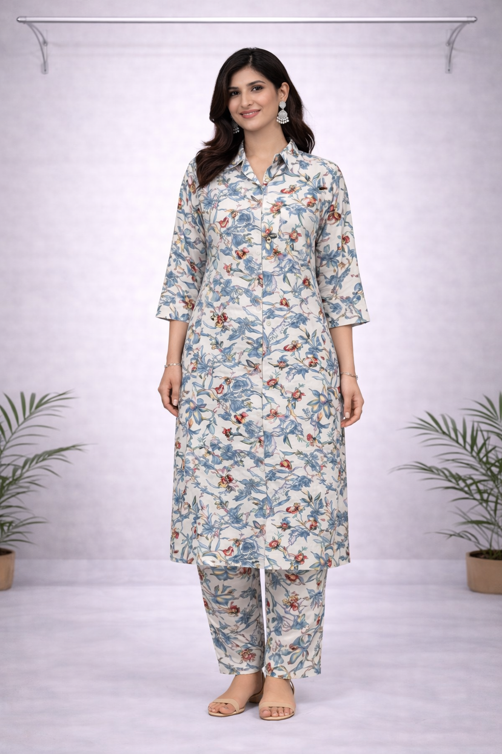 Off-White & Blue Floral Printed Co-ord Set – Shirt Collar with Matching Pants