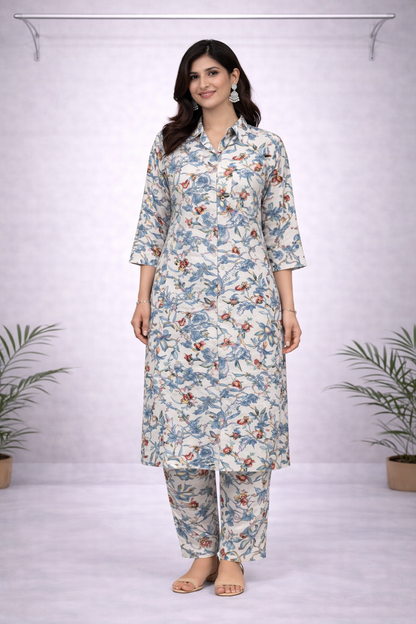 Off-White & Blue Floral Printed Co-ord Set – Shirt Collar with Matching Pants