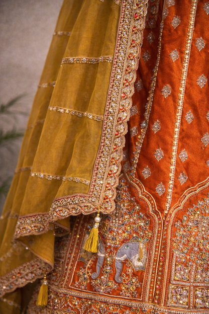 Orange Bridal Lehenga Set – Heavy Zari, Thread Work & Tassel Dupatta