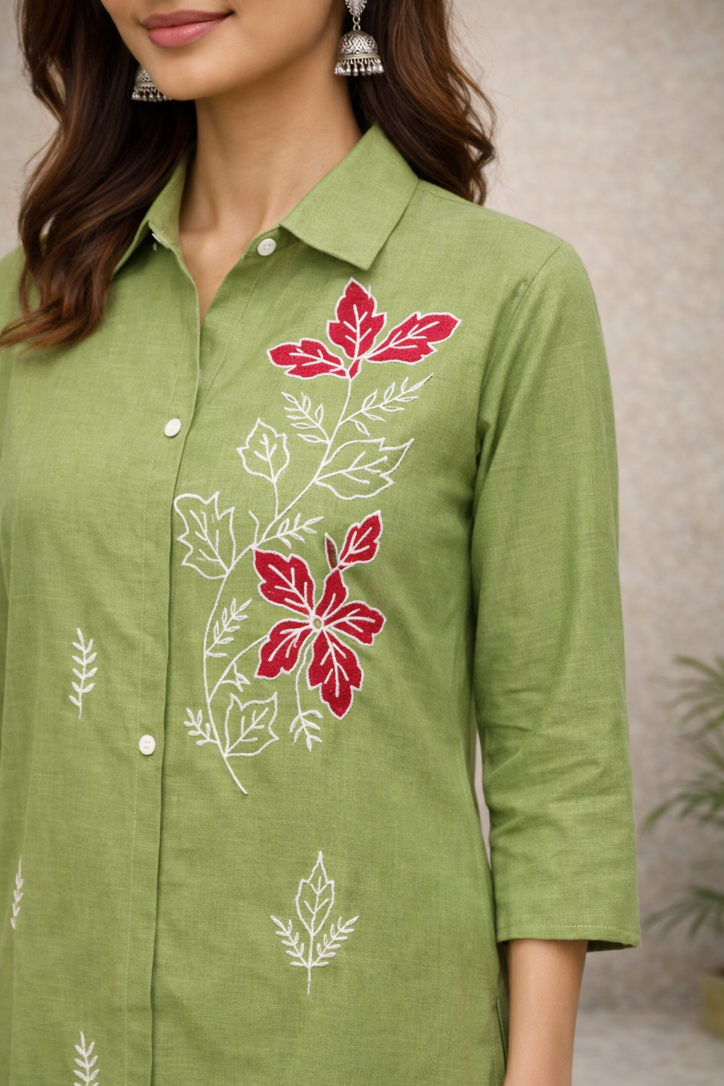 Olive Green Floral Embroidered Co-ord Set – White & Red Thread Work with Solid Pants