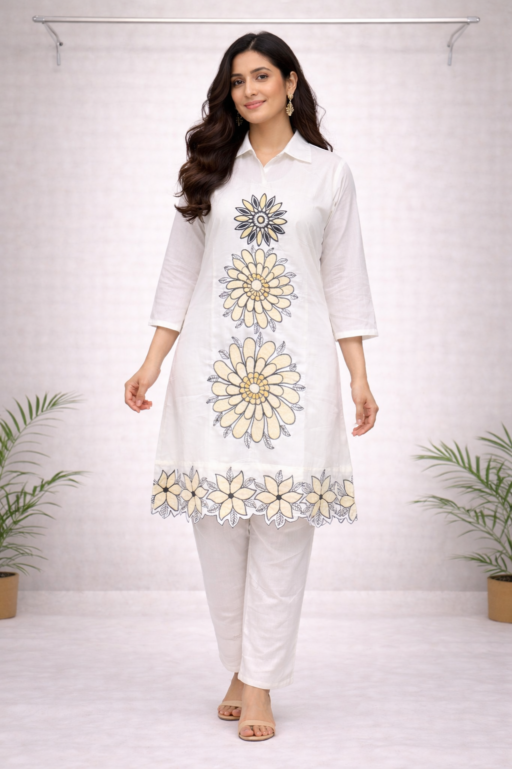 White Floral Printed Co-ord Set – Shirt Collar Top with Matching White Pants