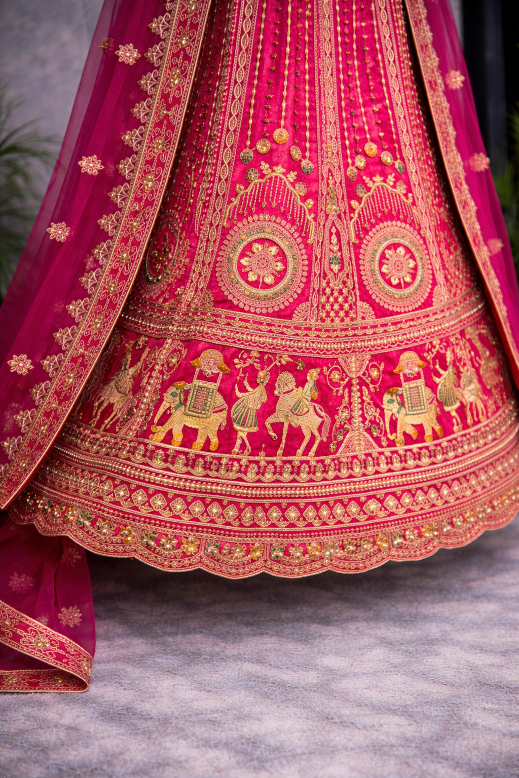Rani Pink Bridal Lehenga – Heritage Elephant Motifs, Dual Dupatta & Maggam Blouse