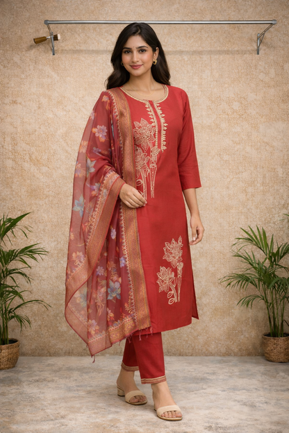 Festive Red Embroidered Kurti Set with Printed Dupatta