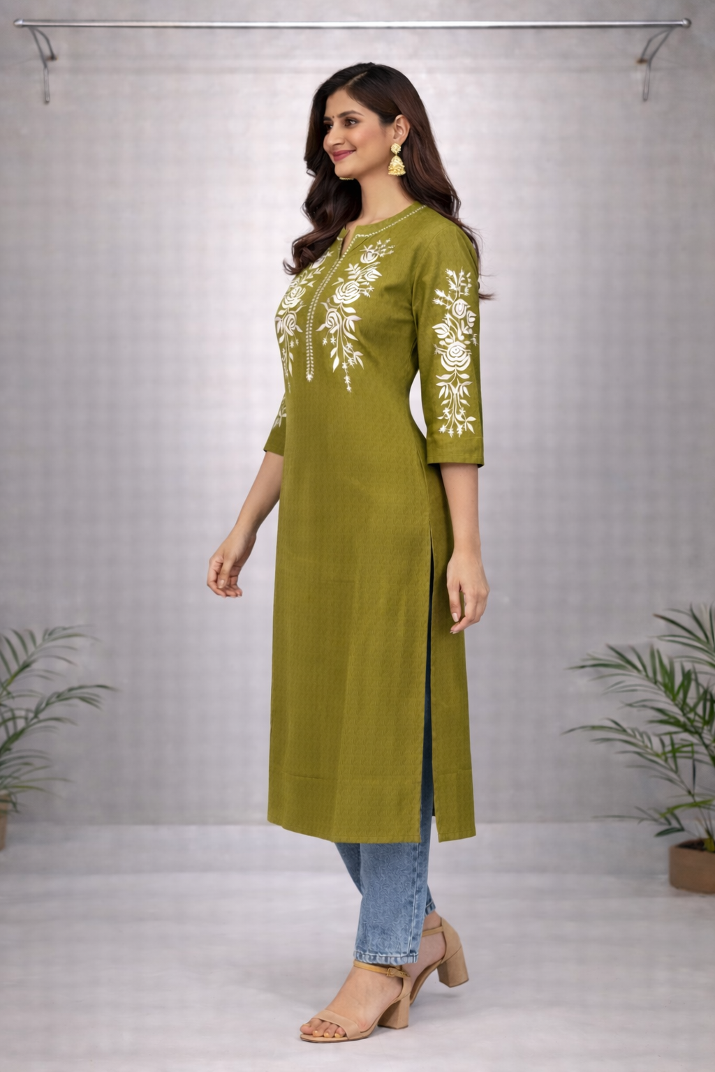 Olive Green Floral Embroidered Straight Kurti