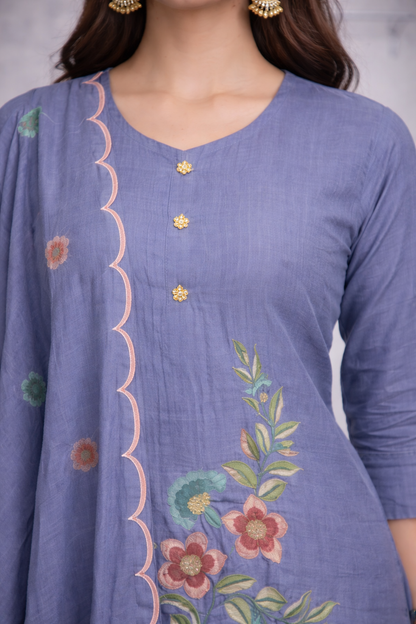 Lavender Floral Embroidered Kurti Set with Dupatta