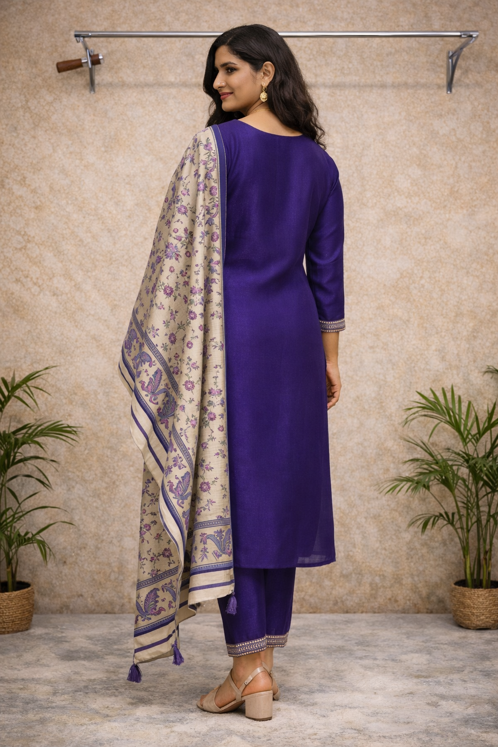 Royal Purple Embroidered Kurti Set – Golden Thread Work with Printed Beige Dupatta