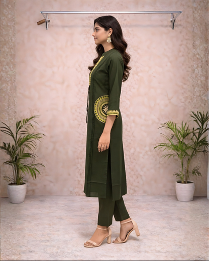 Bottle Green Embroidered Kurti Set – Geometric Neckline & Sleeve Embroidery | Straight Fit
