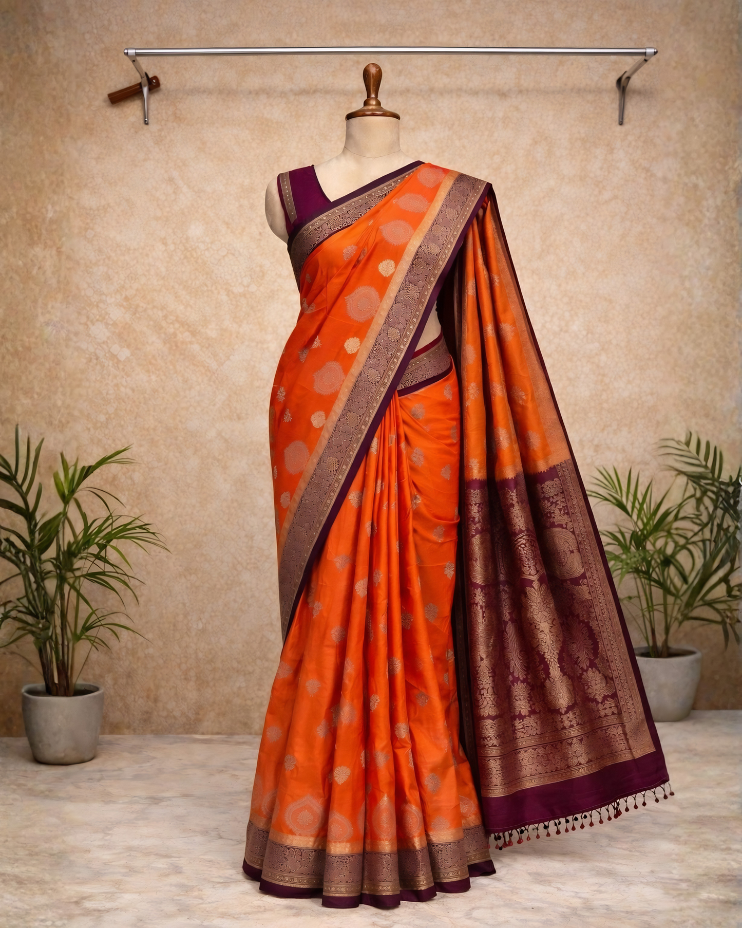 Elegant Orange Banarasi Silk Saree with Rich Purple Border