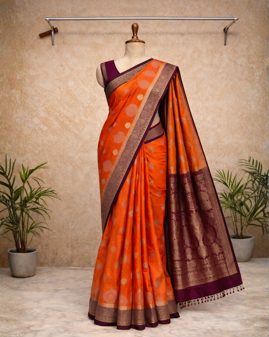 Elegant Orange Banarasi Silk Saree with Rich Purple Border