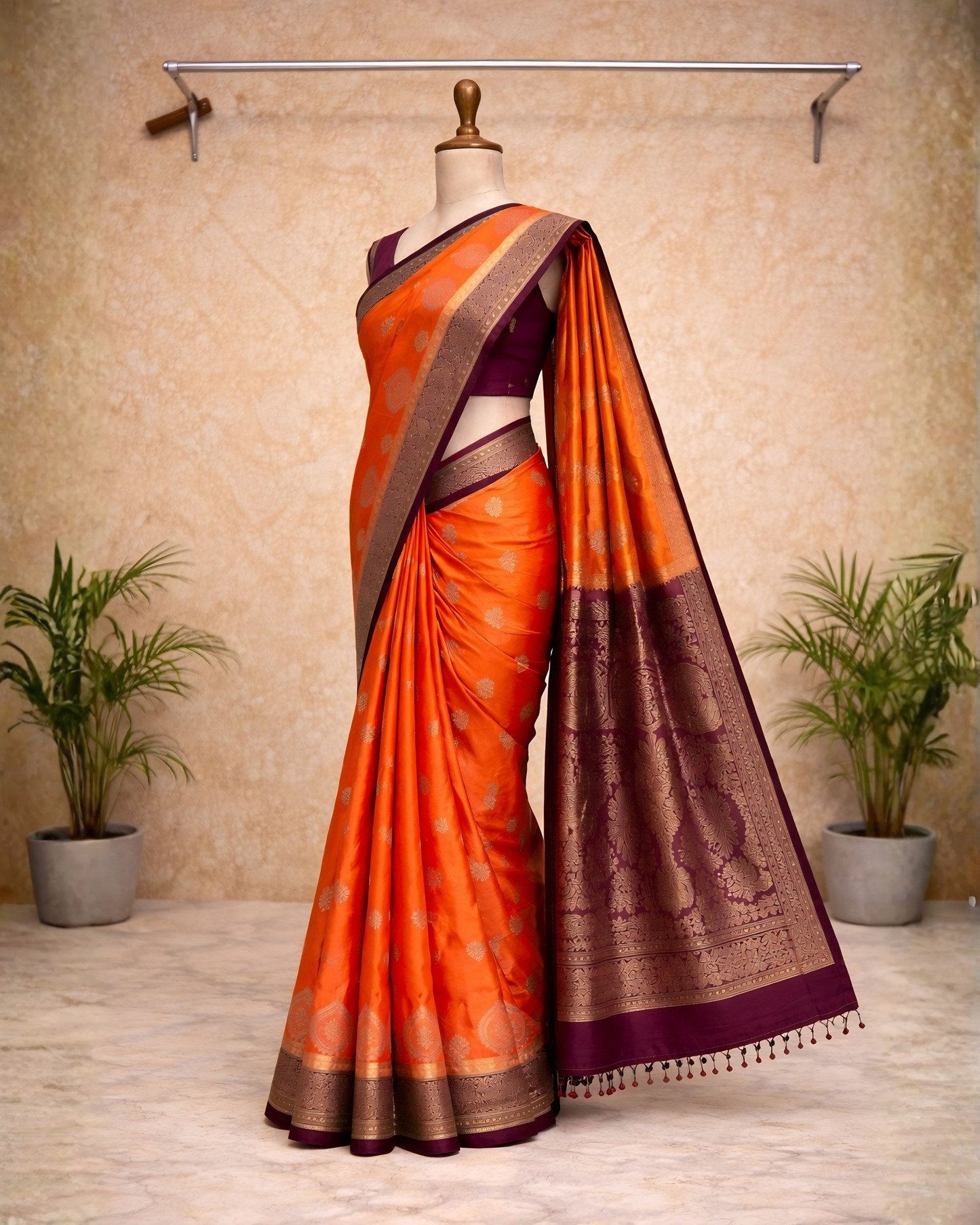 Elegant Orange Banarasi Silk Saree with Rich Purple Border