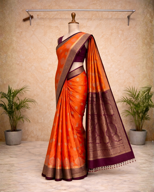 Elegant Orange Banarasi Silk Saree with Rich Purple Border