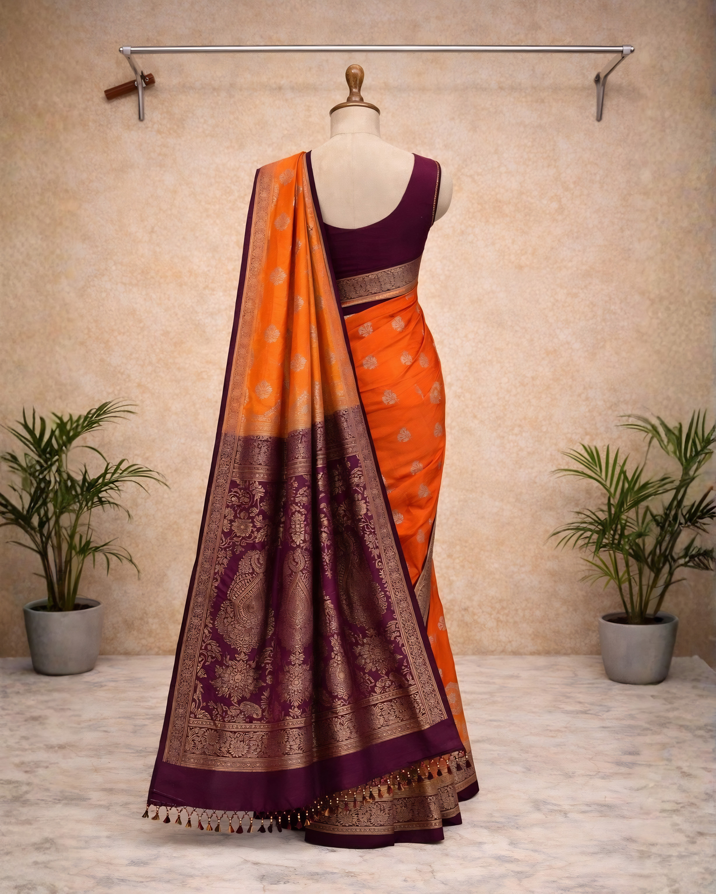 Elegant Orange Banarasi Silk Saree with Rich Purple Border