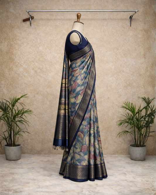 Elegant Floral Printed Silk Saree with Royal Blue Zari Border
