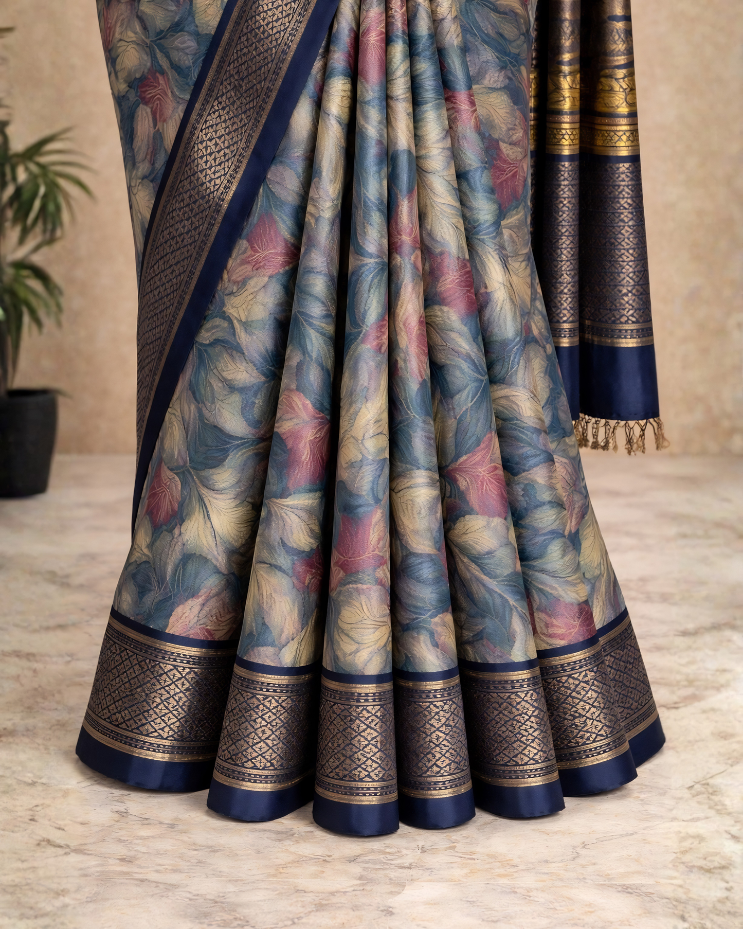 Elegant Floral Printed Silk Saree with Royal Blue Zari Border