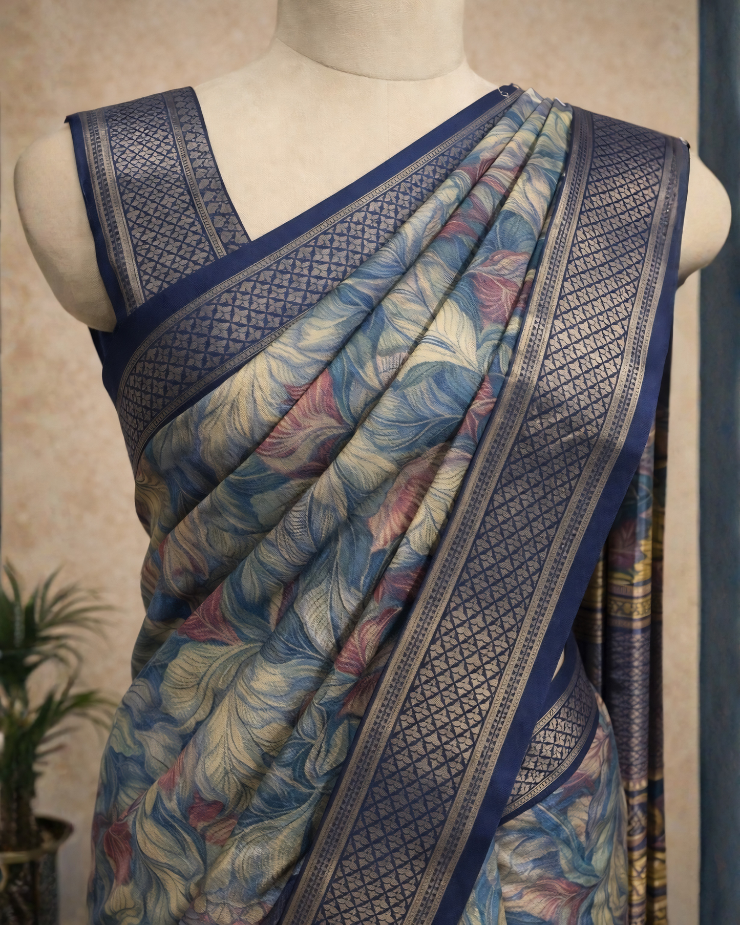 Elegant Floral Printed Silk Saree with Royal Blue Zari Border