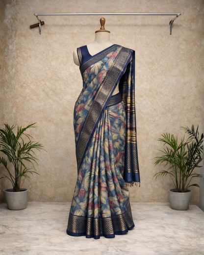 Elegant Floral Printed Silk Saree with Royal Blue Zari Border