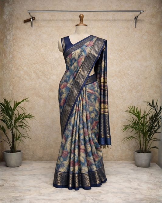 Elegant Floral Printed Silk Saree with Royal Blue Zari Border