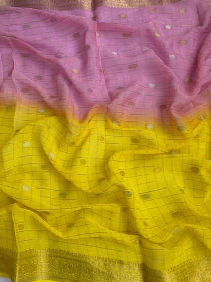 Pink & Yellow Ombre Soft Silk Saree – Gold Butti Work & Woven Border