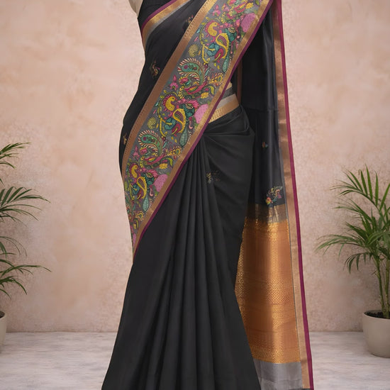 Royal black kalamkari border saree video