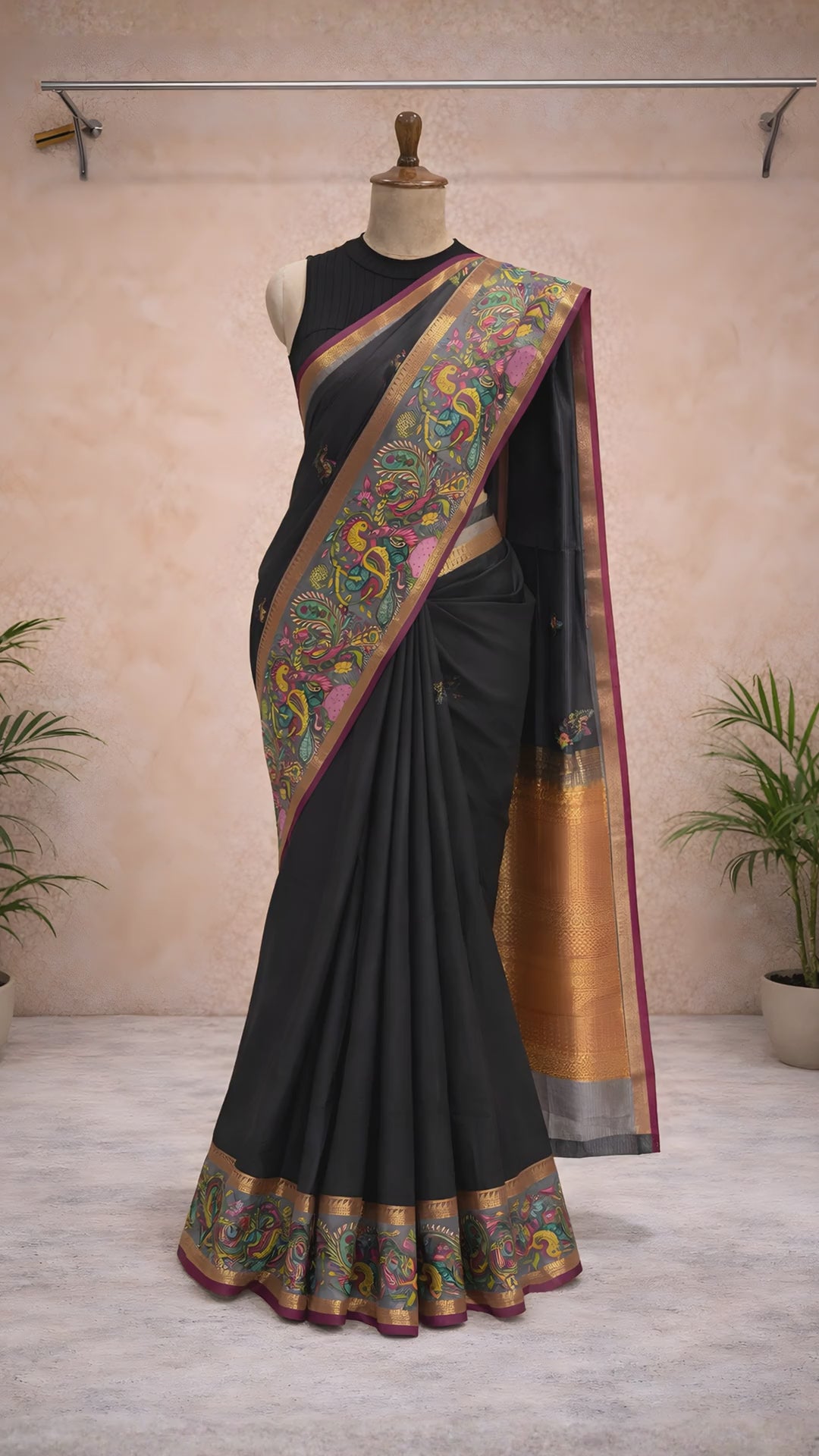 Royal black kalamkari border saree video