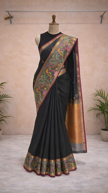 Royal black kalamkari border saree video