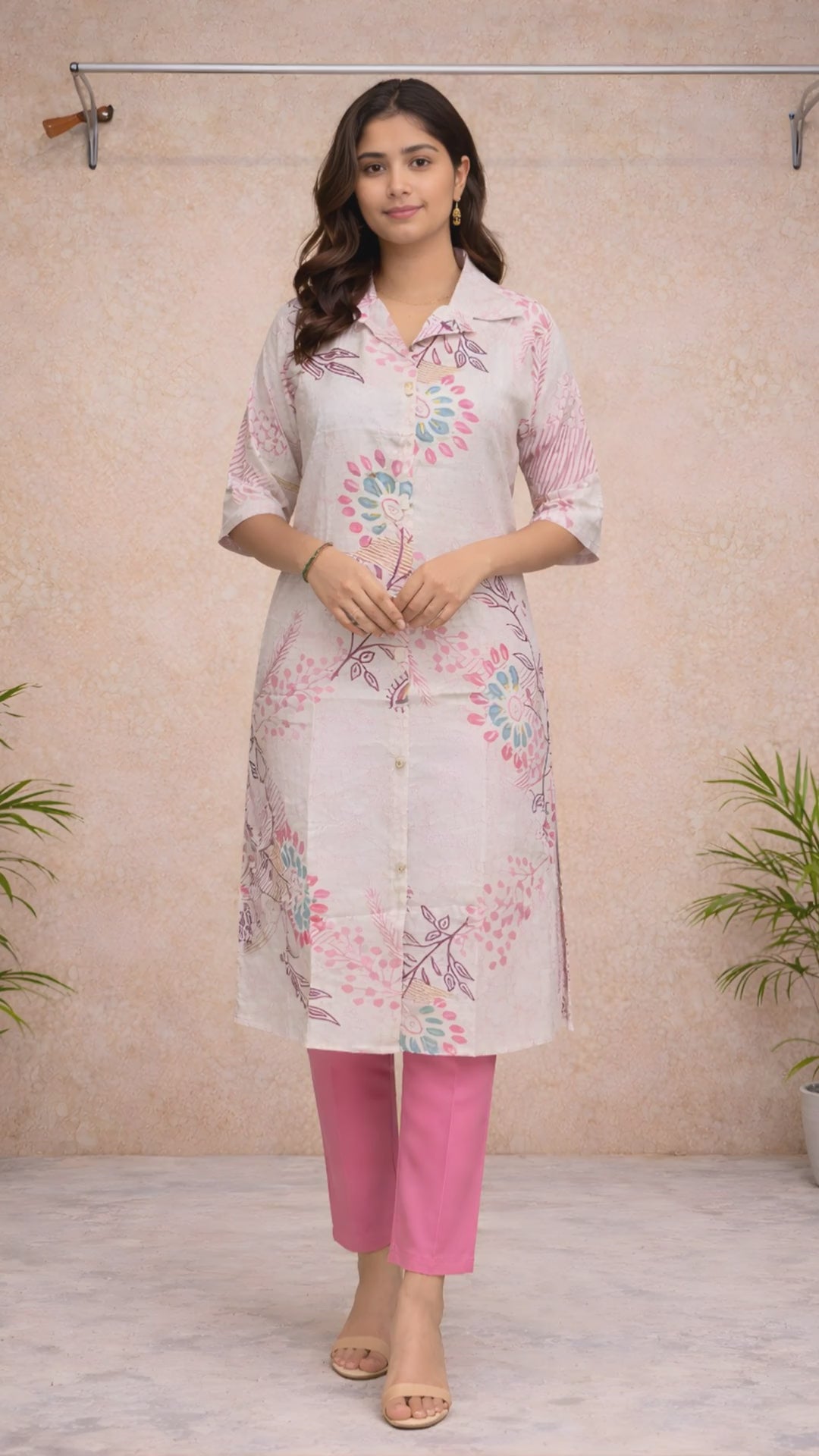 Ivory Floral Kurti Set with pink pants video