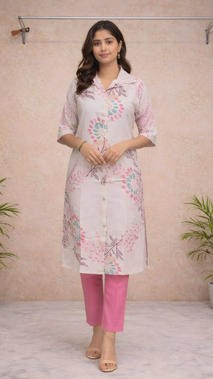 Ivory Floral Kurti Set with pink pants video