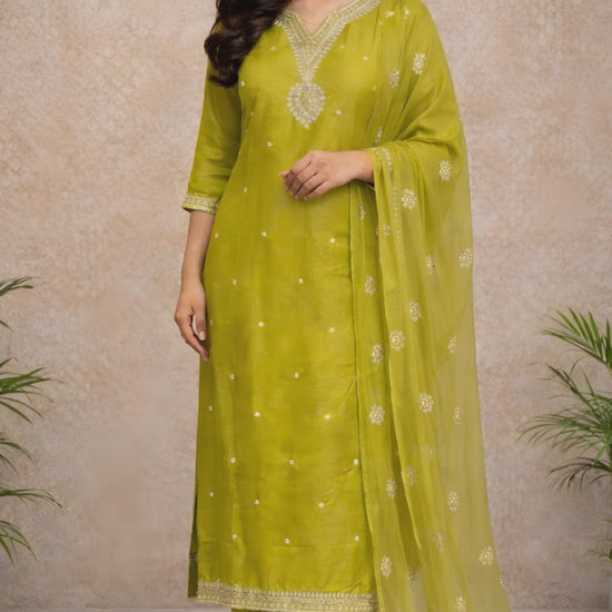 Lime Yellow Zari Kurti Set video