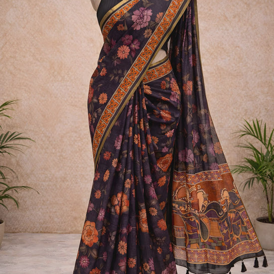 Royal floral kalamkari soft linen saree video
