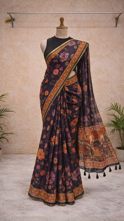 Royal floral kalamkari soft linen saree video