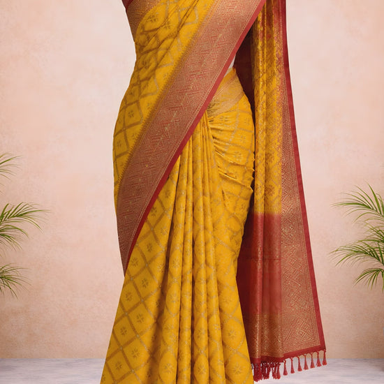 Yellow printed saree with red border video