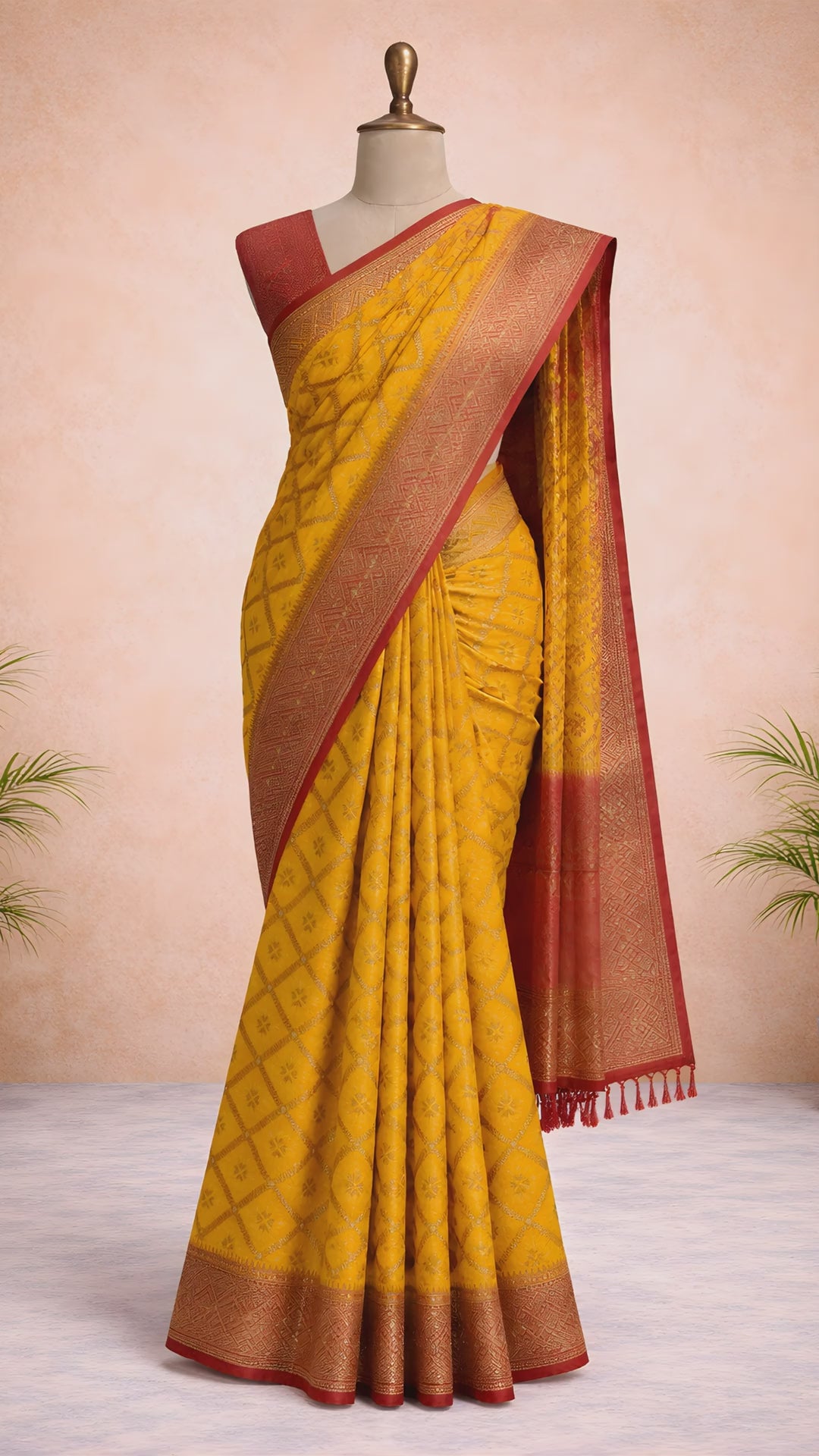 Yellow printed saree with red border video
