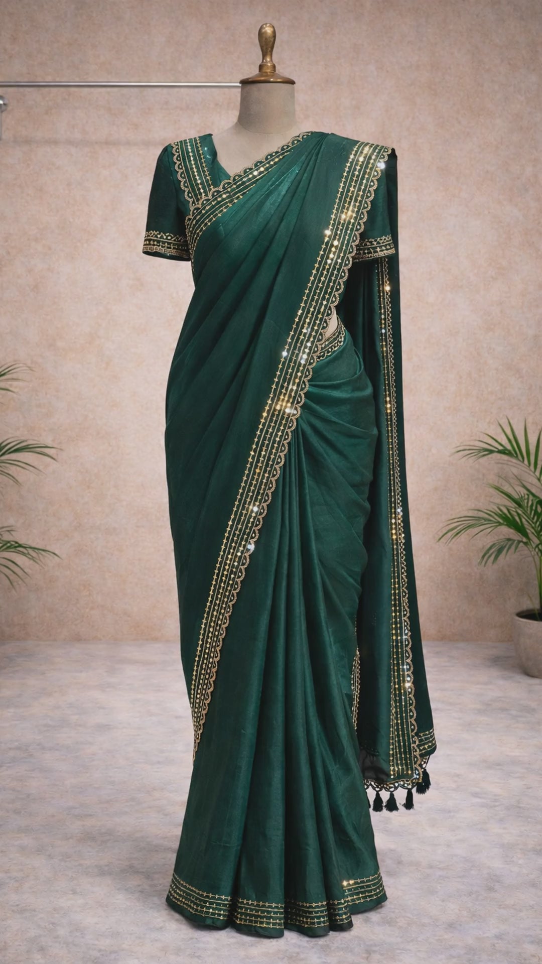 Dark green festive saree video
