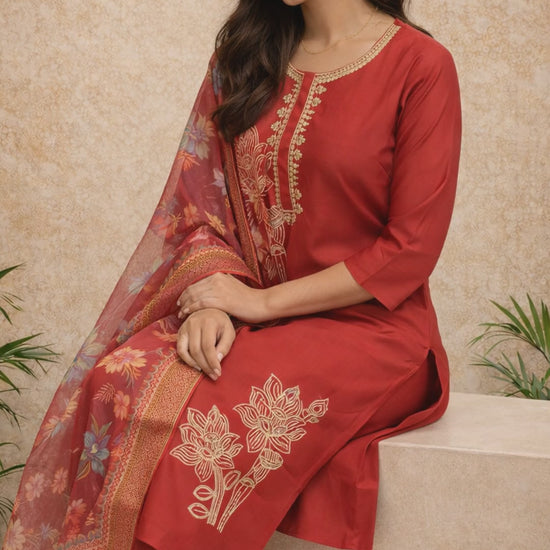 Festive Red Embroidered Kurti Set video