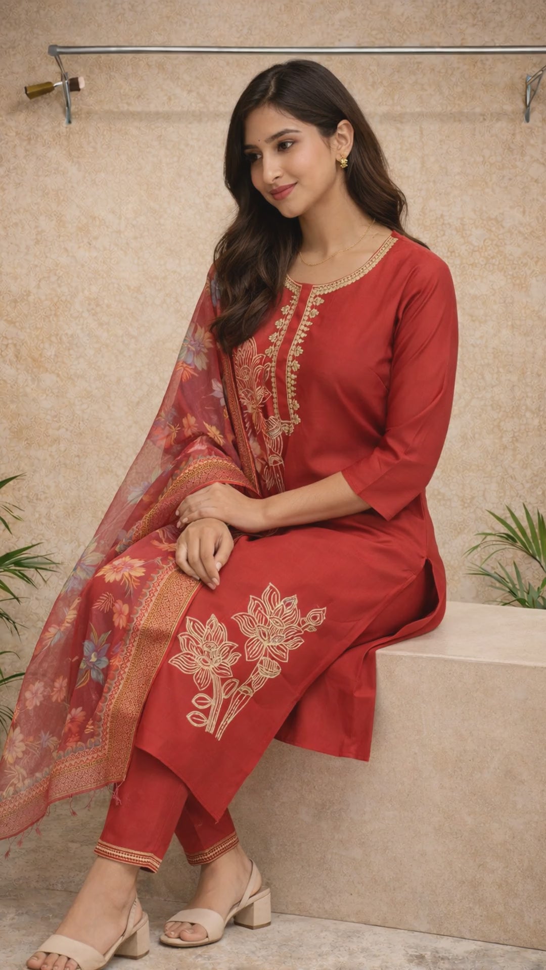 Festive Red Embroidered Kurti Set video