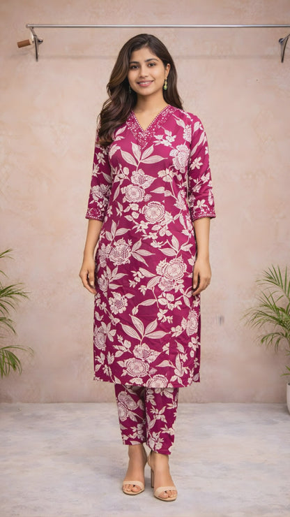 Magenta Floral Kurti Set video