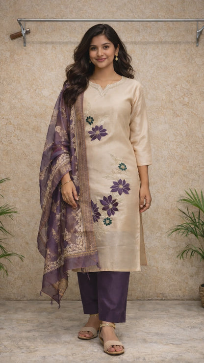 Ivory and Plum Floral Kurti Set video