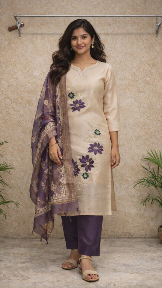 Ivory and Plum Floral Kurti Set video