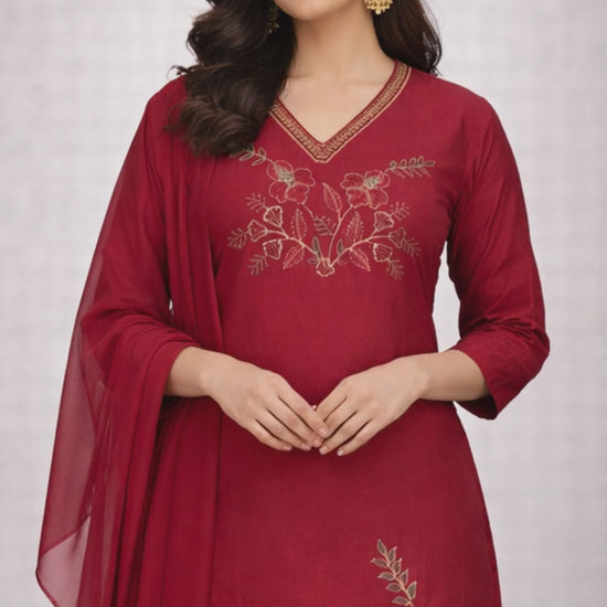 Ruby Gold Red Embroidered Kurti Set video