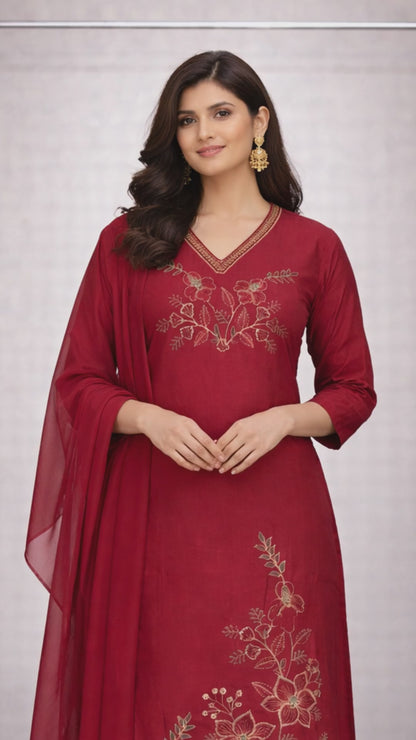 Ruby Gold Red Embroidered Kurti Set video