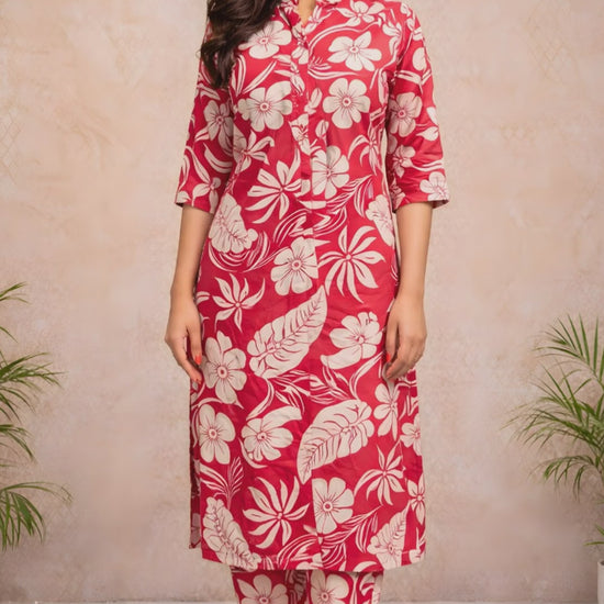 Red Floral Mandarin Collar Kurti Set video